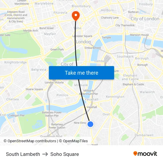South Lambeth to Soho Square map