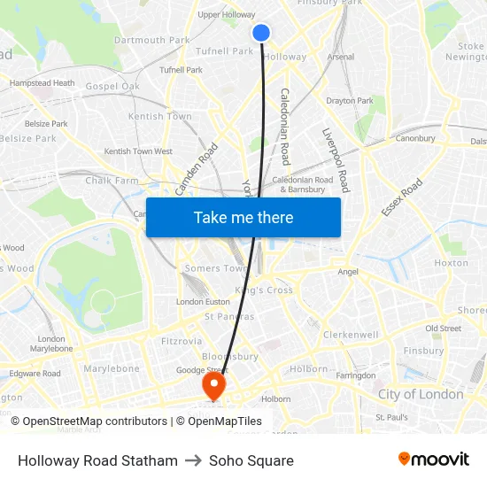 Holloway Road Statham to Soho Square map