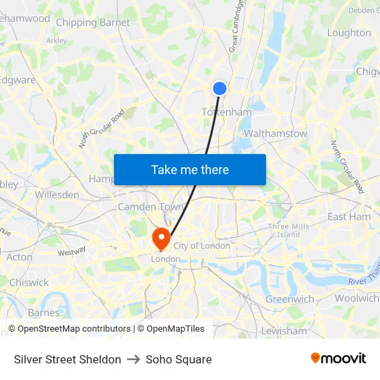 Silver Street Sheldon to Soho Square map