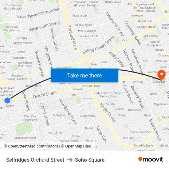 Selfridges Orchard Street to Soho Square map