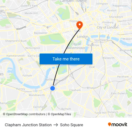 Clapham Junction Station to Soho Square map