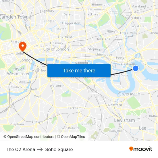 The O2 Arena to Soho Square map