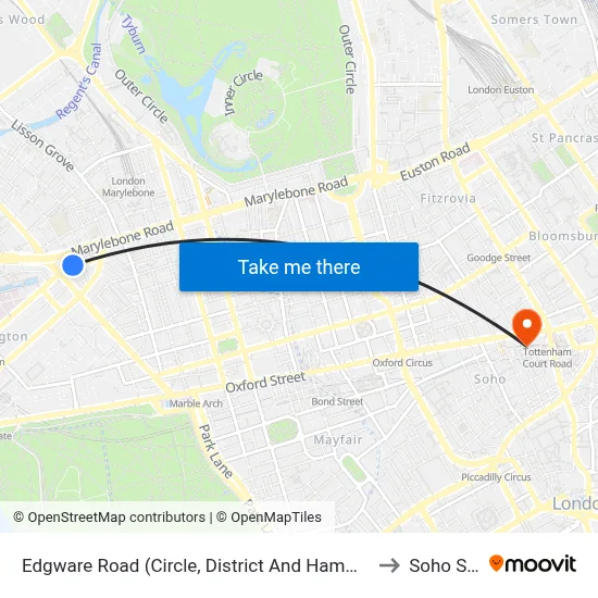 Edgware Road (Circle, District And Hammersmith & City Lines) to Soho Square map
