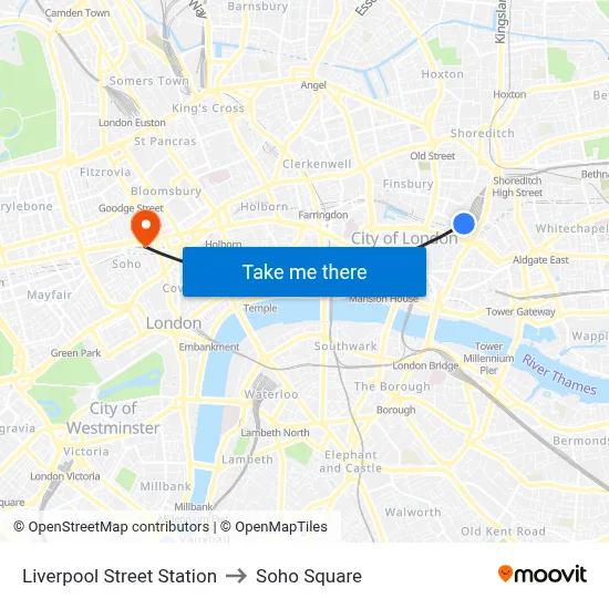 Liverpool Street Station to Soho Square map