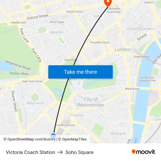 Victoria Coach Station to Soho Square map
