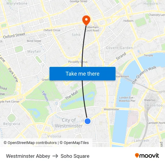 Westminster Abbey to Soho Square map