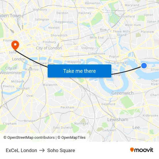 ExCeL London to Soho Square map