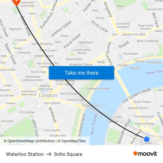 Waterloo Station to Soho Square map
