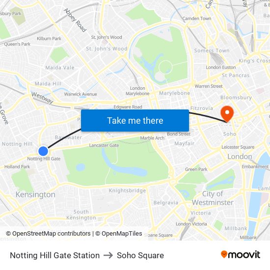 Notting Hill Gate Station to Soho Square map