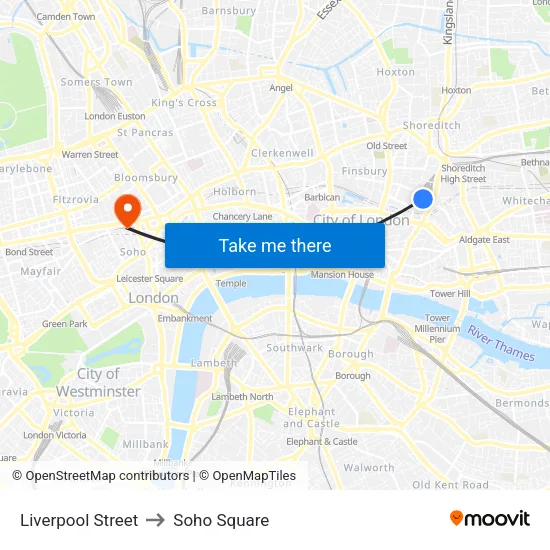 Liverpool Street to Soho Square map