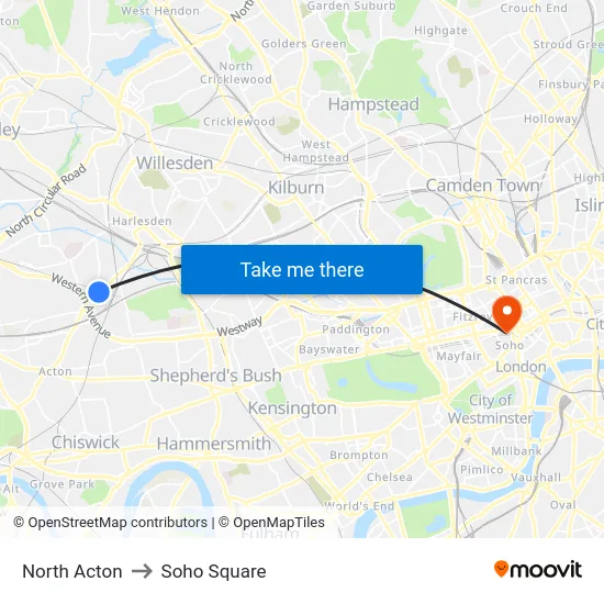 North Acton to Soho Square map