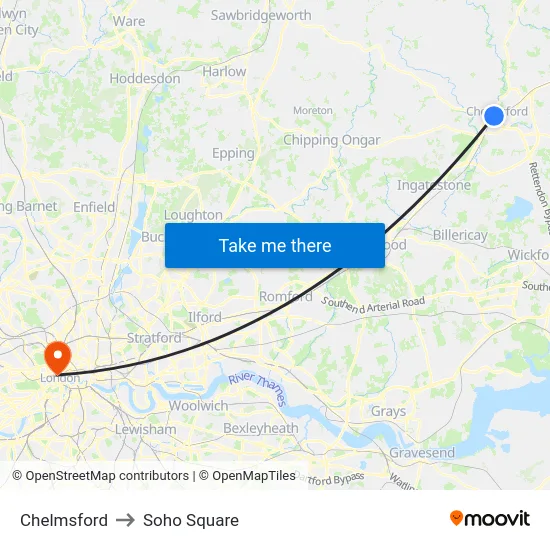 Chelmsford to Soho Square map