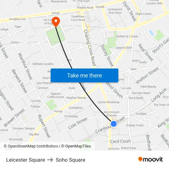 Leicester Square to Soho Square map