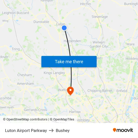 Luton Airport Parkway to Bushey map