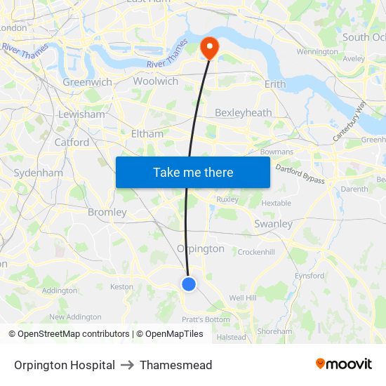 Orpington Hospital to Thamesmead map