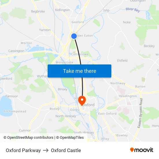 Oxford Parkway to Oxford Castle map