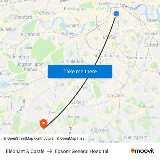 Elephant & Castle to Epsom General Hospital map