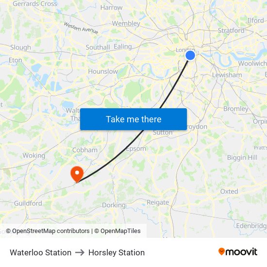 Waterloo Station to Horsley Station map