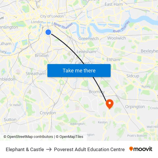Elephant & Castle to Poverest Adult Education Centre map