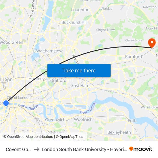 Covent Garden to London South Bank University - Havering Campus map