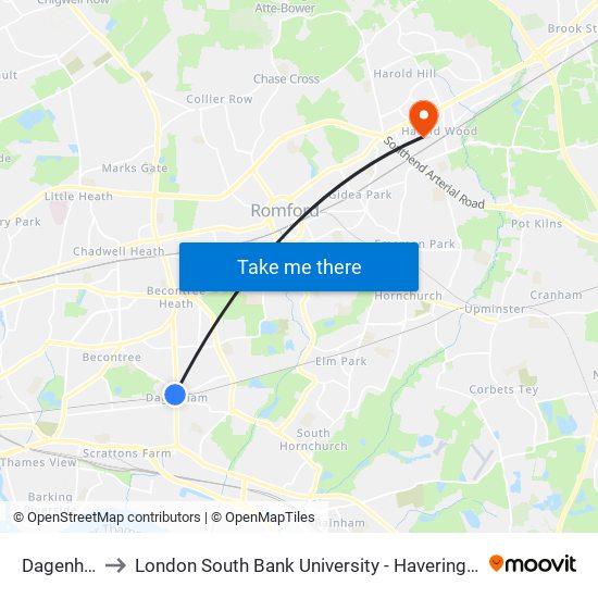 Dagenham to London South Bank University - Havering Campus map