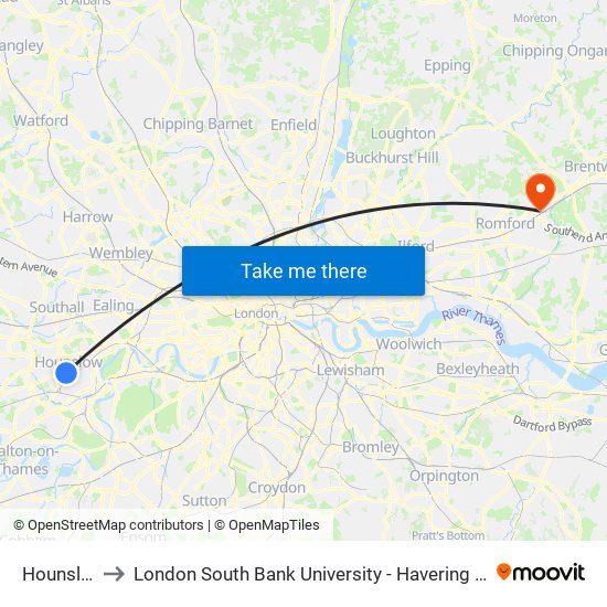 Hounslow to London South Bank University - Havering Campus map