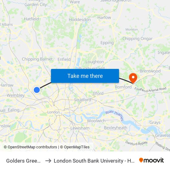 Golders Green Library to London South Bank University - Havering Campus map