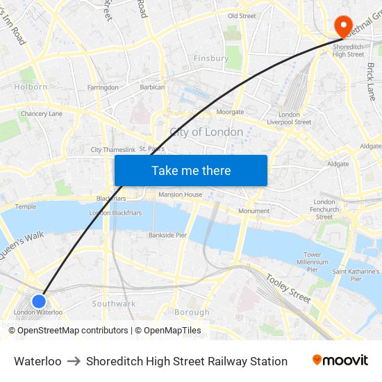 Waterloo to Shoreditch High Street Railway Station map