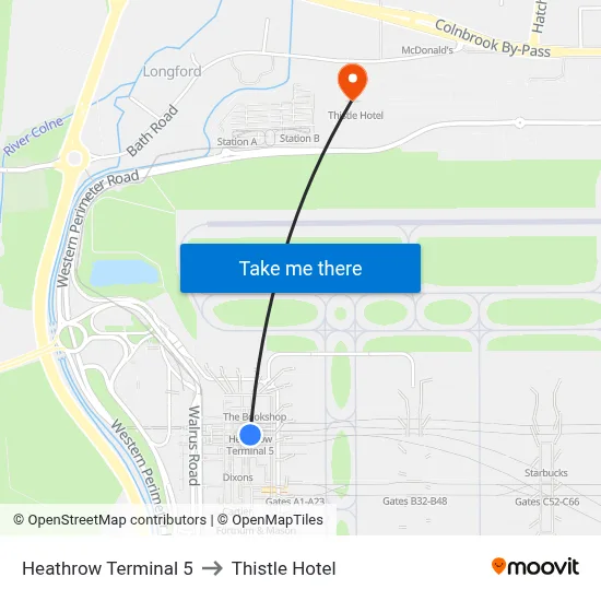 Heathrow Terminal 5 to Thistle Hotel map