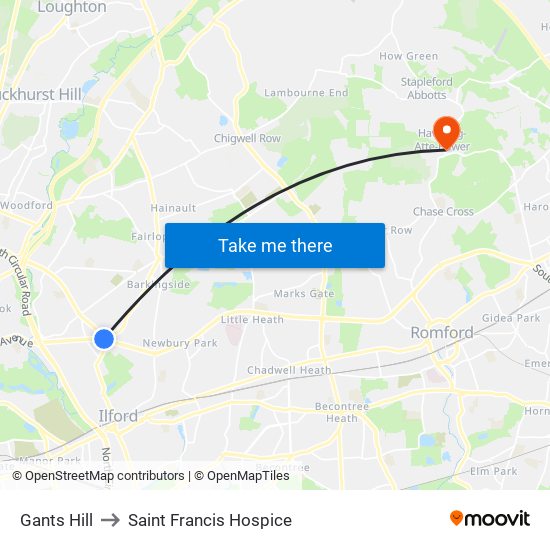 Gants Hill to Saint Francis Hospice map
