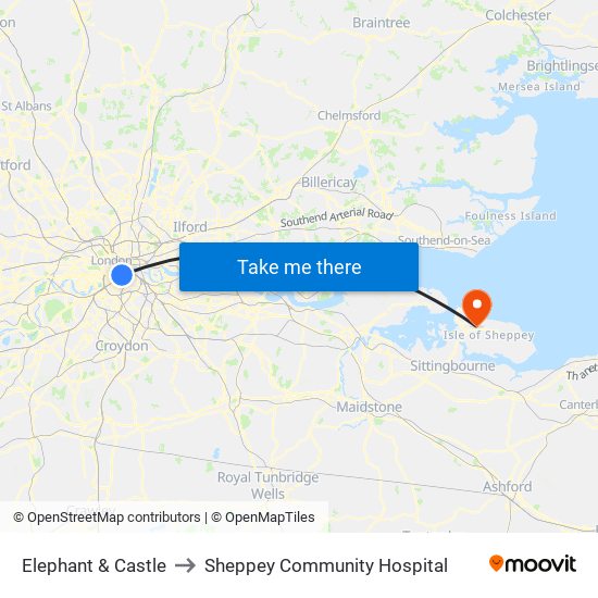 Elephant & Castle to Sheppey Community Hospital map