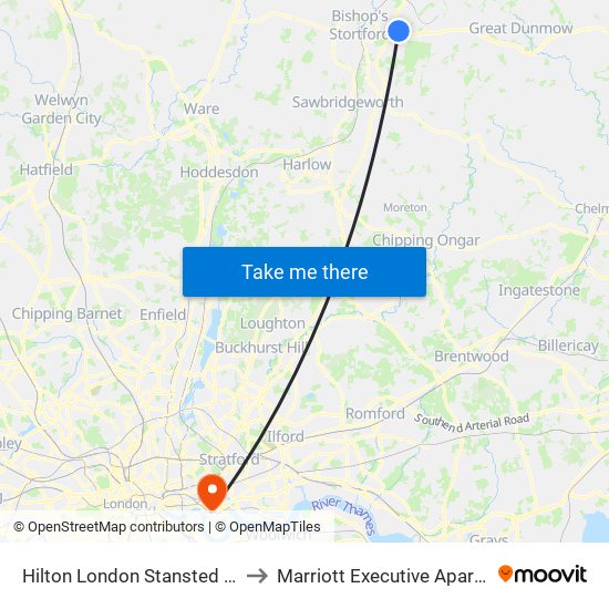 Hilton London Stansted Airport to Marriott Executive Apartments map
