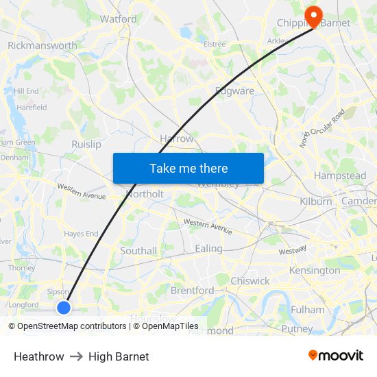 Heathrow to High Barnet map