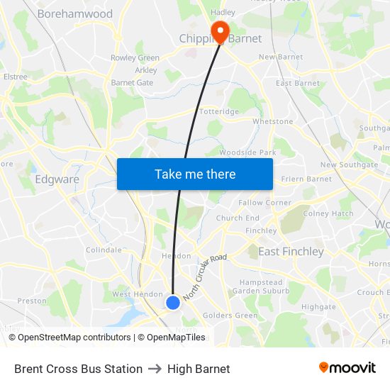 Brent Cross Bus Station to High Barnet map