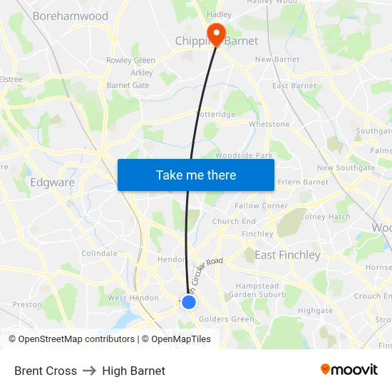 Brent Cross to High Barnet map