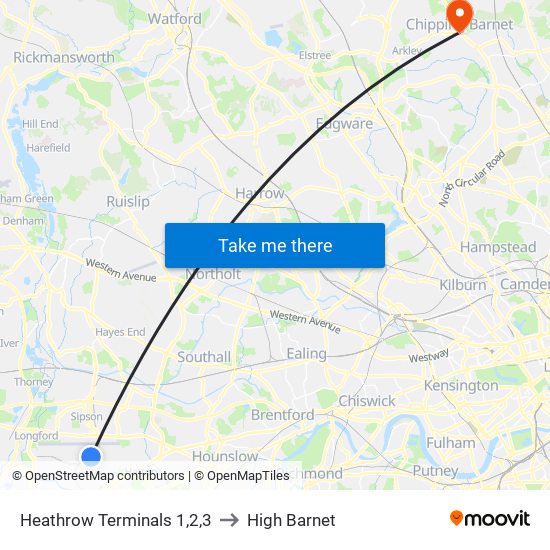 Heathrow Terminals 1,2,3 to High Barnet map