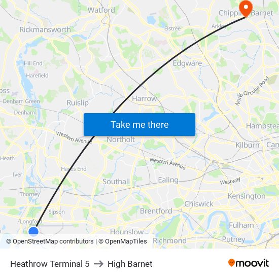 Heathrow Terminal 5 to High Barnet map