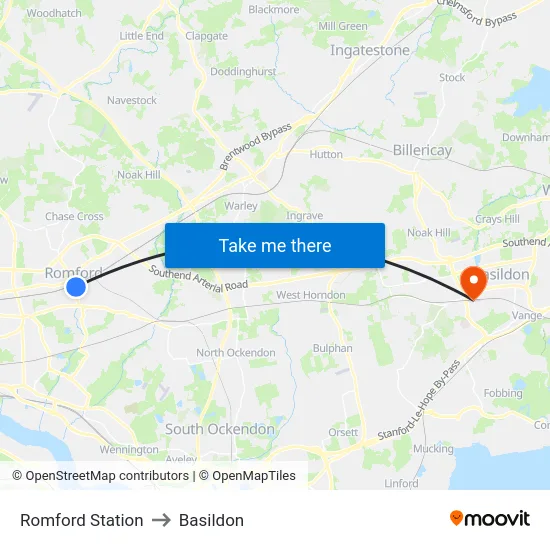 Romford Station to Basildon map