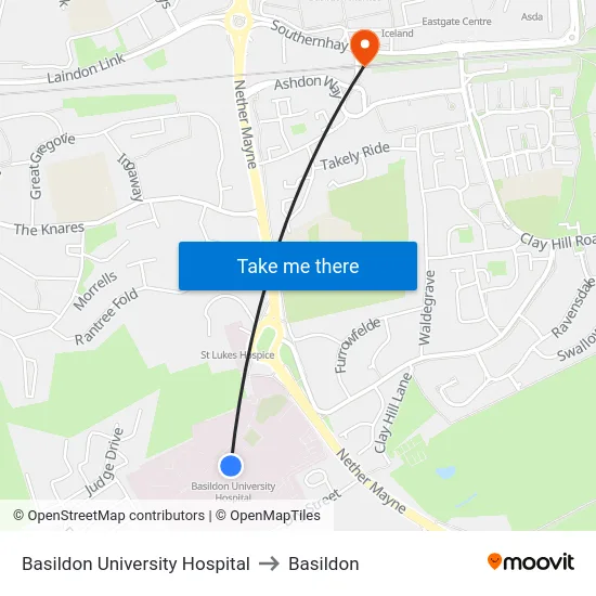 Basildon University Hospital to Basildon map