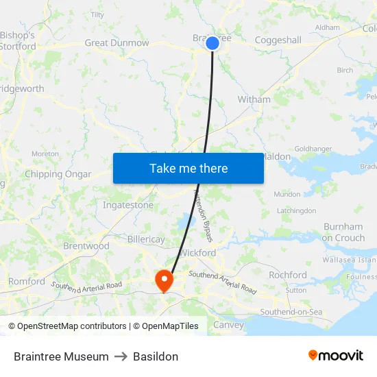 Braintree Museum to Basildon map
