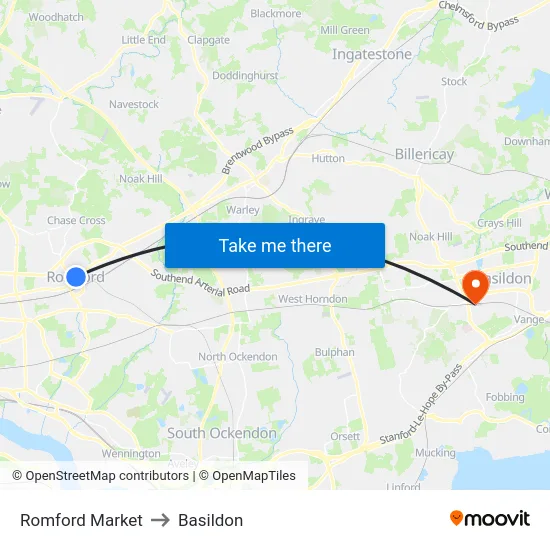 Romford Market to Basildon map