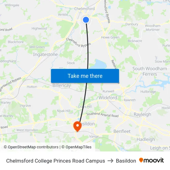 Chelmsford College Princes Road Campus to Basildon map