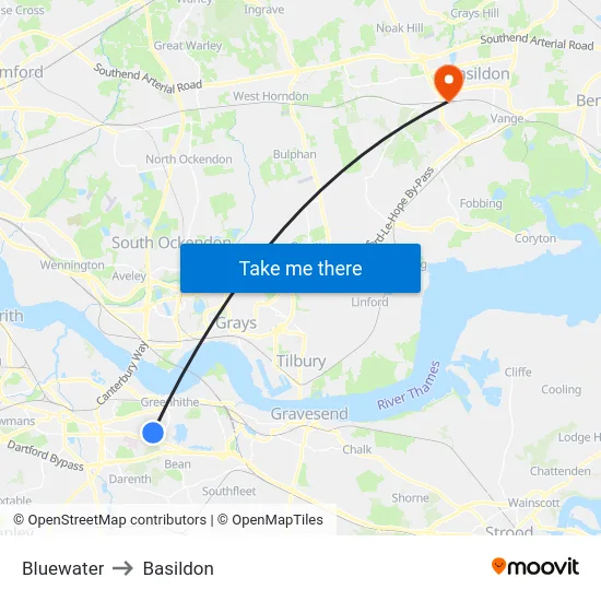 Bluewater to Basildon map