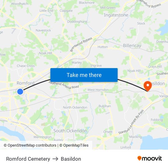 Romford Cemetery to Basildon map