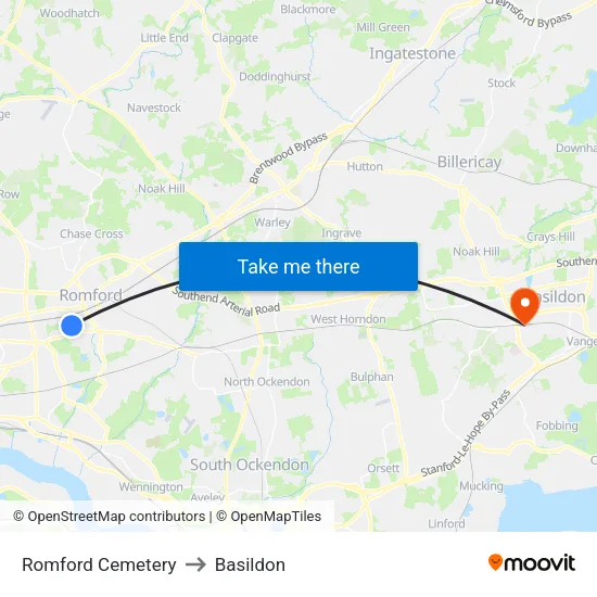Romford Cemetery to Basildon map