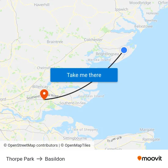 Thorpe Park to Basildon map