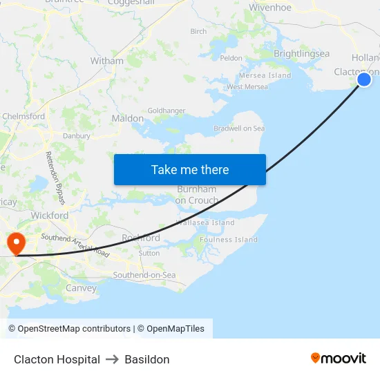 Clacton Hospital to Basildon map