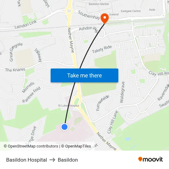 Basildon Hospital to Basildon map