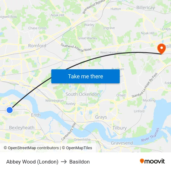 Abbey Wood (London) to Basildon map