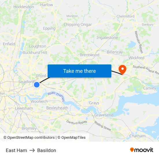 East Ham to Basildon map